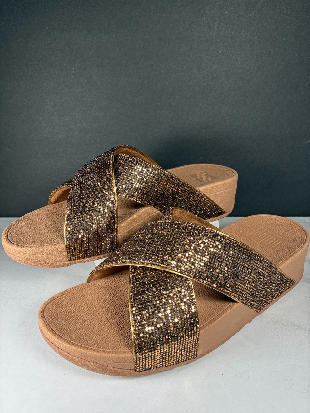Fitflop Old Gold Crystal Metallic Mix LuLu Glitterball Cross Slide Sandals